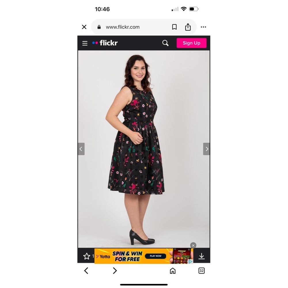 Black Floral Print Pleated Skirt Button Front Sleeveless Dress Large - Picture 10 of 16